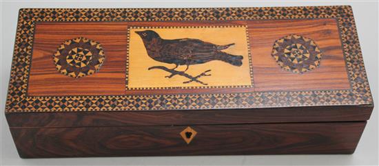 A Tunbridge Ware kingwood bird mosaic and half square mosaic glove box, 9.5in.